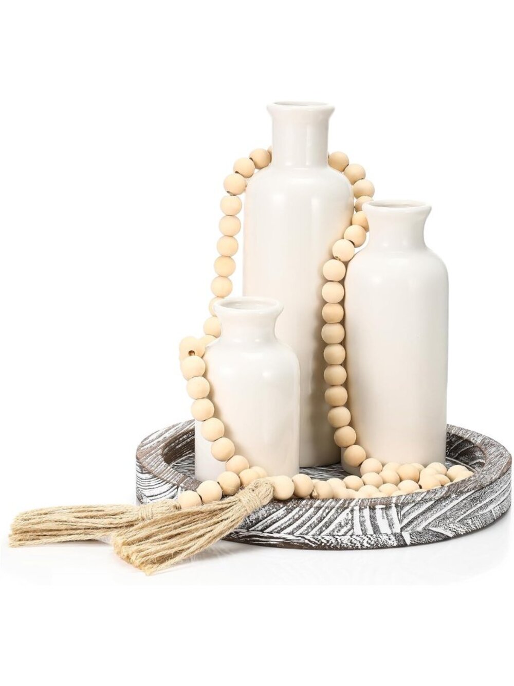 Ivory White Coffee Table Decor Set - 5 Piece Whitewashed Grey Tray Collection